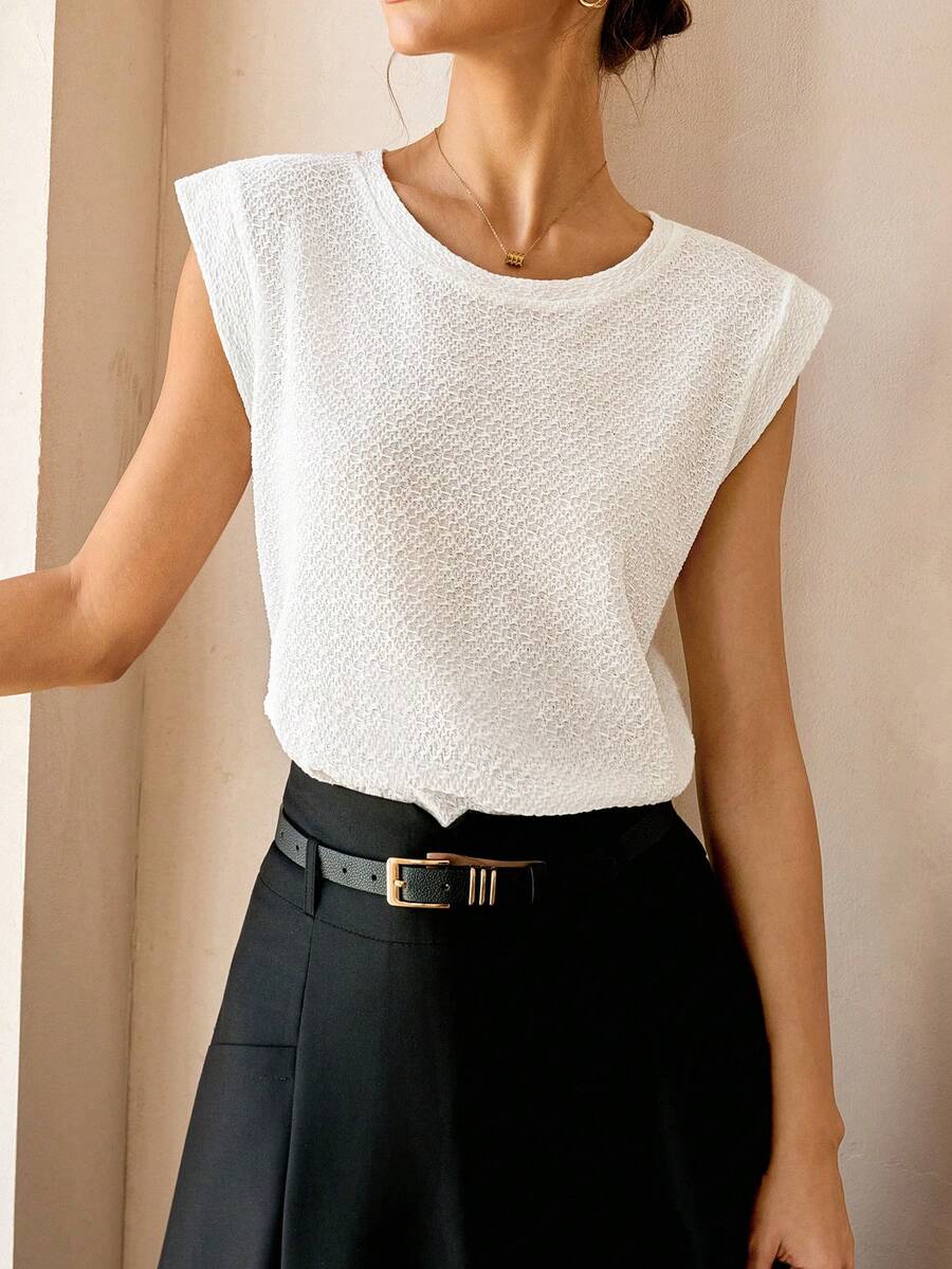 Lymera Summer Casual Solid Color Textured Wide Shoulder T-Shirt