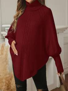 SHEIN 孕妇休闲纯色高领斗篷毛衣，秋冬季 - 酒紅色 - 查看 3
