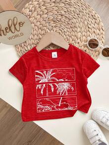 Cartoon Coconut Tree Pattern Soft Knit Crew Neck Short Sleeve Top For Baby Boys & Girls - Red - View 5