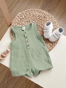 Mint Green Semi-Sheer Baby Boys Romper Sleeveless Round Neck Button Front Short Length Design - Mint Green - View 3