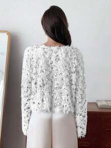 Elyressa 1件装 时尚蓬松亮片欧式宽松圆领套头毛衣，短款柔软舒适优雅女士冬季毛衣 - 白色 - 查看 2