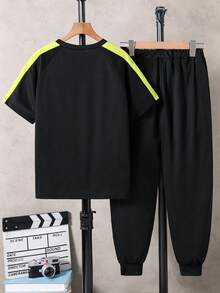 Vacaura 2pcs/Set Tween Boys Black Bird Eye Print T-Shirt & Pants,Soft Comfortable Fashion Streetwear,Autumn City Break Club,Outdoor Sports School Photography - Black - View 2