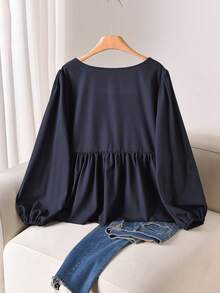 CosyJoli Áo kiểu dáng chữ A tay phồng, phối màu, xếp ly, cỡ lớn, phong cách thường ngày. - Màu xanh hải quân - Xem 2