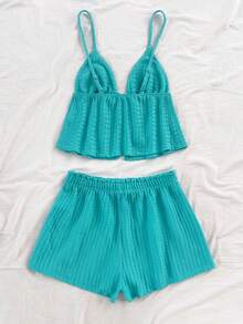 Soleia New Women's Adjustable Green Knit Textured Top + Frill Trim Shorts, Suitable For Afternoon Tea, Casual Street, Vacation, Party, Music Festival, Easter, Vacation Style, Casual Style, Bohemian Style, Western Style, Music Festival, Country Style, Brunch, Beach, Airport Outfit, Loose, Graduation Season, Women's 2-Piece Set, Wedding Attire,Carnival - Mint Green - View 2