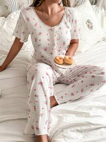 CottageSlumber Romantic Floral Frill Trim Scoop Neck Short Sleeve Pajama Set For Women - White - View 1