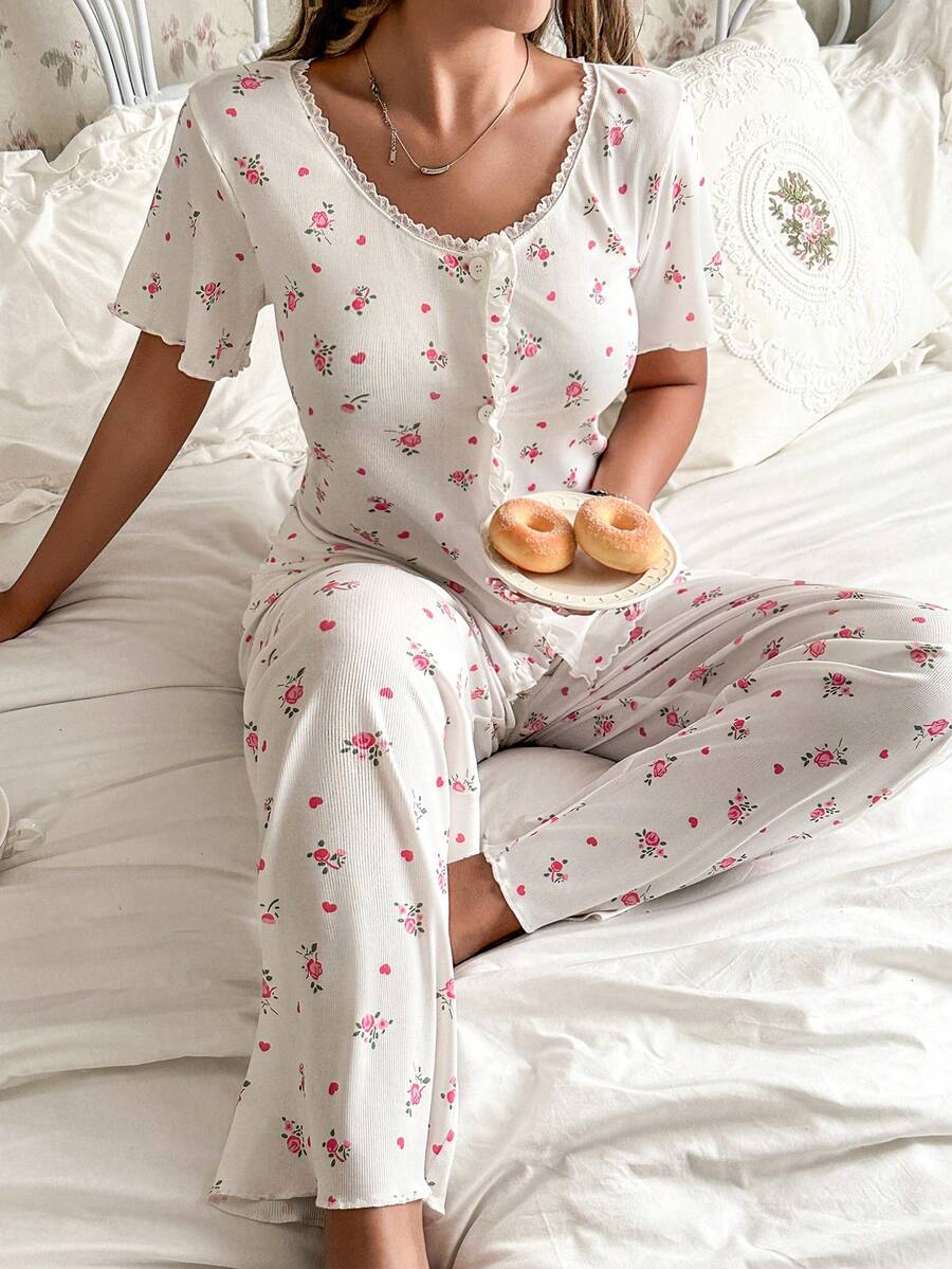 CottageSlumber Romantic Floral Frill Trim Scoop Neck Short Sleeve Pajama Set For Women - White - View 1