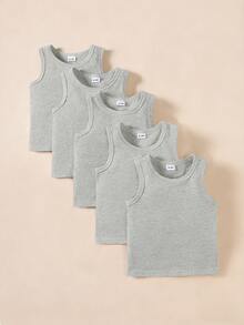SHEIN Playful Pals 5pcs/Set Casual White Knit Sleeveless Vest Top, Suitable As Layering, For Outings, Casual Wear, Travel, Fits 6 Months To 3 Years Old Baby Boys Baby Boy Sleeveless Shirts Toddler Tank Tops Boy Boy Baby Clothes Tank Top - Grey - View 5