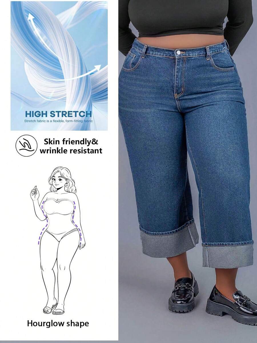 CurvyTilda Plus Size Women Pockets Loose Wide Leg Casual Versatile Jeans,Fall Clothes For Women, For Hourglass Body Shape - Dark Wash - View 1