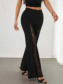 SHEIN PETITE Women Elegant Sexy Contrast Lace Flare Leg Pants - Black - View 4