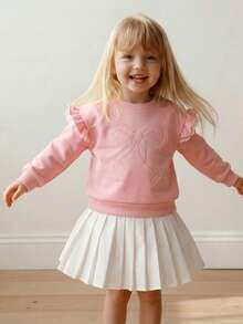 Playful Pals 2pcs/Set Young Girls' Round Neck Ruffle Trim Long Sleeve Sweatshirt With Embroidered Bow + Elastic Waist White Pleated Mini Skirt Cute Casual Outfit, Suitable For Spring/Autumn Daily Wear Or Travel - Pink - View 9