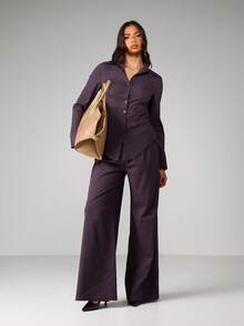 MISSGUIDED Blusa ajustada de manga larga con botones, estilo corsé a rayas, camisa morada estructurada para oficina, negocios y trabajo formal - Morado - Ver 3