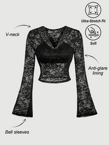 SHEIN MOD Women's Fashionable Sexy Sheer Lace Flare Sleeve Blouse, Valentine , Party Top, Going Out Tops Women, Beach, Elegant Women's Blouses, Women's Social Blouse, Black Lace Tops, Chic, Stylish Collection, Long Sleeves, See Through Tops, Vacation Wear, V-Neck, Long Sleeve, Lace Women, Gothic Tops, Gothic Women , Sexy Tops, Flared Long-Sleeved Top, Going Out Tops, Bell Sleeves, Lace Long Sleeve, Party,Black Top - Black - View 3