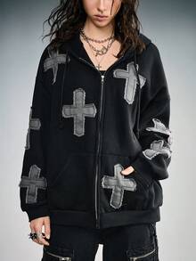 ROMWE Grunge Punk Oversized Cross Embroidered Zip-Up Sweatshirt For Women - Black - View 2