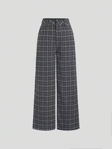 SHEIN Tall 1 Quần âu kẻ caro xám chất lượng cao cổ điển, quần ống đứng đơn giản, cạp trễ, rộng rãi - Màu xám đen - Xem 6