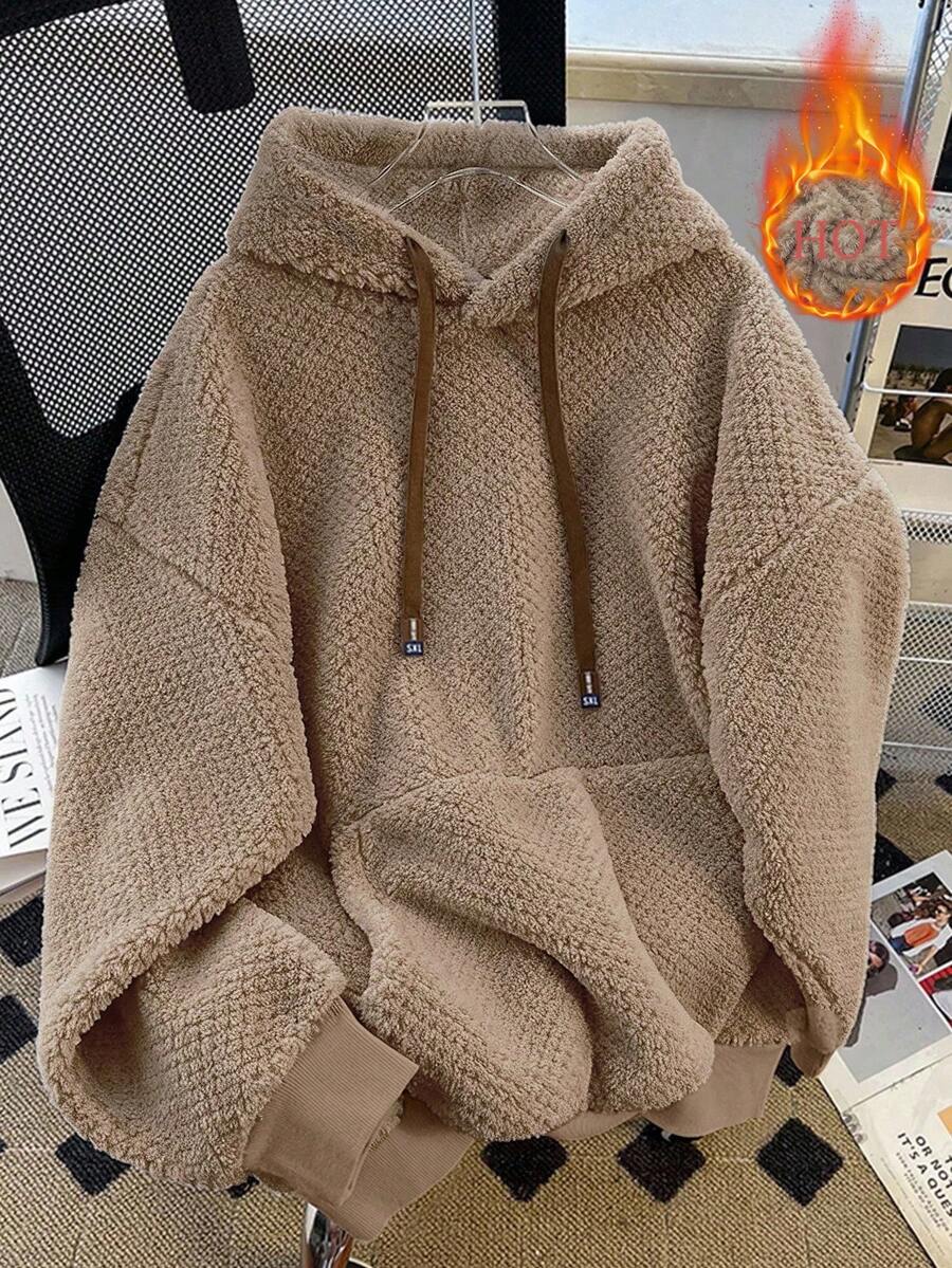 INAWLY 加大码女式纯色长袖抽绳连帽口袋抓绒卫衣 - 卡其色 - 查看 1