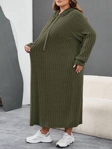 SHEIN CURVE+ 大码女式罗纹长袖连帽宽松连衣裙 - 軍綠色 - 查看 5