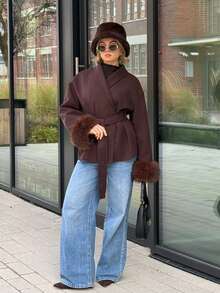 Bethéva Abrigo de color café con puños de peluche a la moda, para otoño/invierno - Café integral - Ver 1