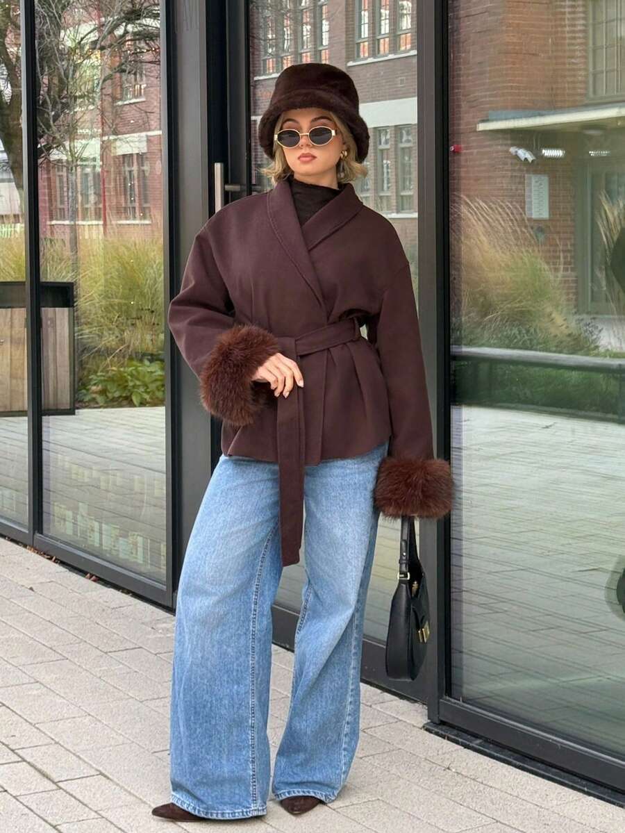 Bethéva Abrigo de color café con puños de peluche a la moda, para otoño/invierno - Café integral - Ver 1