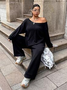 SHEIN EZwear Conjunto de 2 piezas de talla grande para mujer, con top de manga larga holgado de unicolor con cuello irregular y caída de hombros, y pantalones de pierna ancha, para uso casual y diario en primavera/otoño - Negro - Ver 4