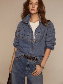 ATUI Studio 女士铆钉纽扣长袖牛仔衬衫 - 藍色 - 查看 1