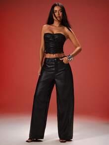 Denimoi Quần ống đứng giả da với chi tiết túi ngược, kiểu dáng cá tính, thích hợp cho các buổi tiệc tùng, đi club hoặc concert. - màu đen - Xem 3