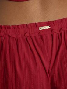 Aralina Bộ đồ ngủ nữ 2 món vải bóng bay họa tiết tay dài có viền ren và nút cài xuyên qua áo kèm quần bóng bay và dây buộc tự buộc, bộ đồ đồng bộ, bộ đồ ngủ dễ thương - Đỏ - Xem 7