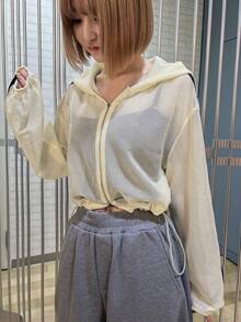 FRIFUL Cárdigan de malla transparente para mujer, blusa de manga larga con abertura frontal y ribete de cinta de color contrastante, primavera - Blanco - Ver 2
