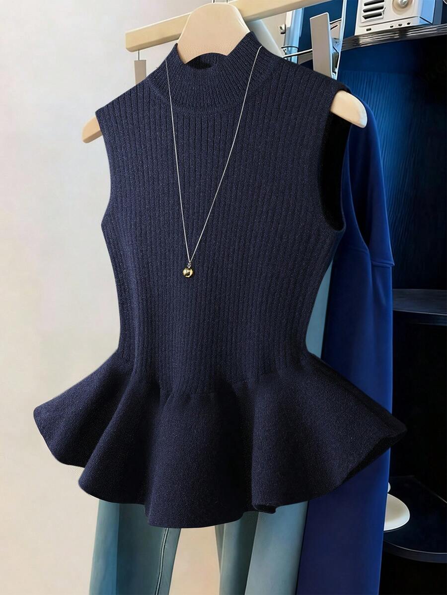 SHEIN Franclia Early Spring New Stylish Commuter Versatile Navy Blue Mock Neck Ribbed Waist Flattering Asymmetric Ruffle Hem Women Knit Top - Navy Blue - View 1