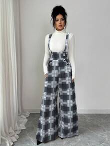 Elenzga 女士格子口袋时尚百搭度假连体裤，带背带 - 黑色 - 查看 5