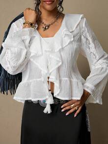 Freevana Plus Size Women Ruffle Hem Front Tie Elegant Blouse Boho Blouses White Boho Top Blouse Summer White Cover Up Top - White - View 6
