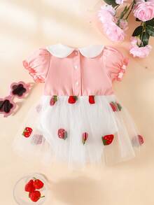 Newborn Baby Gir Spring And Summer Pink Color Short-Sleeved Princess-Sleeve Dress Cute Round Neck Cute Embroidered Tulle Baby Elegant Dress - Pink - View 2