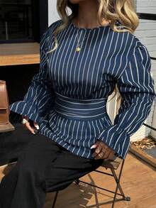 Siren Gaze Autumn/Winter New Casual Commuter Striped Waist Shirt Stripe Shirt Spring - Navy Blue - View 3