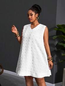 Slaydiva 大码女式夏季纯白色V领波点宽松A字迷你连衣裙，适合夏季穿着，也适合圣诞节、新年、感恩节、海滩、优雅场合、社交活动、通勤、日常穿着、商务、机场、派对、毕业典礼等场合。 - 白色 - 查看 4