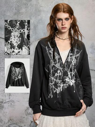 Fairycore Kpop Wasteland Style Pullover 2 In 1 Lace Zipper Batwing Sleeve Loose Hooded Sweatshirt For Women