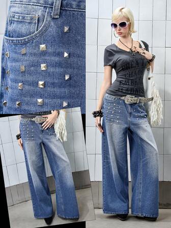 Jeans rectos holgados con decoración de remaches y bigotes de gato, estilo unisex Y2K grunge punk desgastado