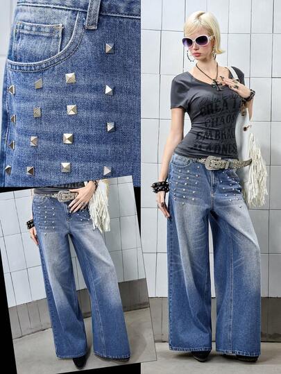 Jeans rectos holgados con decoración de remaches y bigotes de gato, estilo unisex Y2K grunge punk desgastado