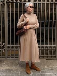 Vivie Lora Women Loose A-Line Long Sleeve Sweater Dress - Khaki - View 2