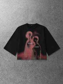 ROMWE MEN Spring/Summer Casual Graphic Men'S Blurred Portrait Print 3/4 Sleeve T-Shirt, Loose Fit - Black - View 1