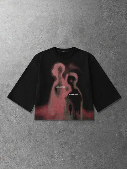 ROMWE MEN Spring/Summer Casual Graphic Men'S Blurred Portrait Print 3/4 Sleeve T-Shirt, Loose Fit