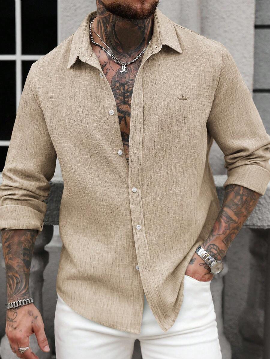 Manfinity CasualCool 男士白色亚麻刺绣领休闲长袖衬衫 - 卡其色 - 查看 1