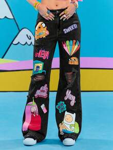 Adventure Time X ROMWE Women Casual Ripped Cartoon Graphic Loose Fit Jeans - Grey - View 11