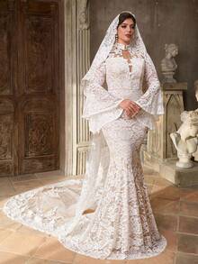 Aureia 大码优雅奢华刺绣弹力蕾丝透视喇叭袖鱼尾连衣裙，适合婚礼、派对、度假、新娘礼服等场合。 - 白色 - 查看 8