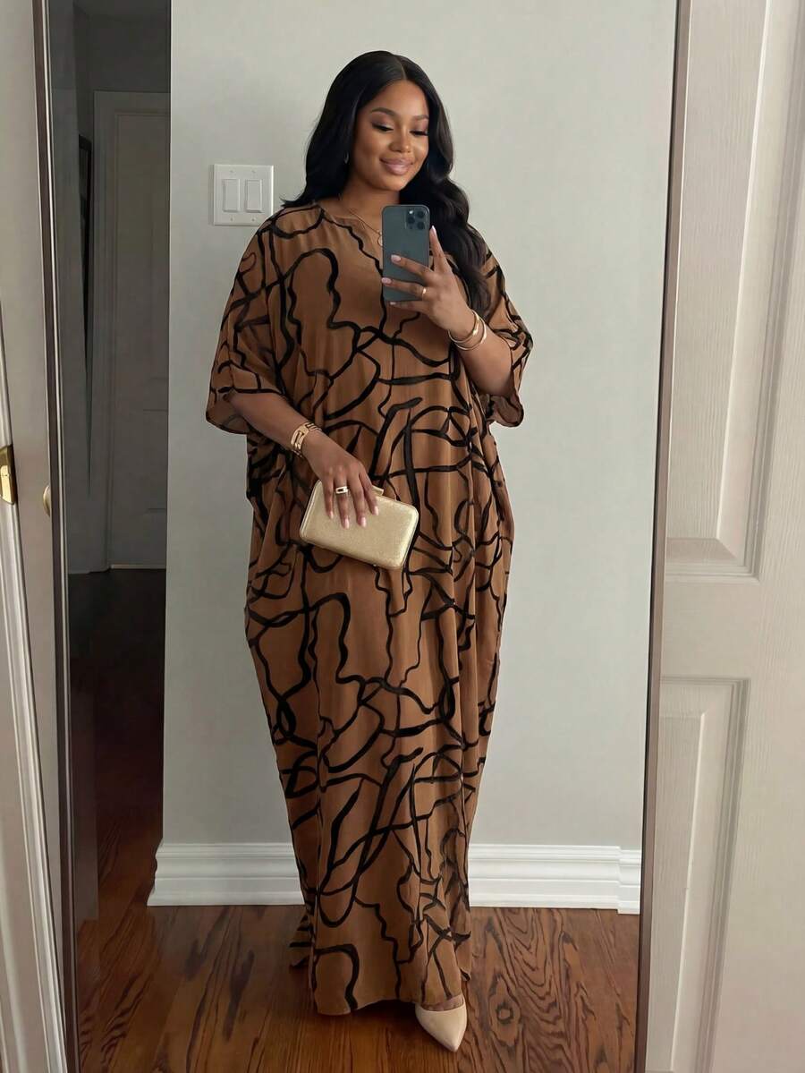 SHEIN Lady CURVE 春夏优雅派对通勤办公室彩色编织缺口舞会礼服短袖卡夫坦长袍度假服女士夏季服装 - 棕色 - 查看 1
