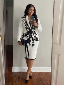 SHEIN Lady Bộ vest nữ cỡ lớn, Trang phục công sở thường ngày cho nữ, Trang phục chuyên nghiệp, Trang phục công sở, Trang phục đi chơi, Trang phục sân bay, Trang phục du lịch, Trang phục trở lại trường, Trang phục đi hòa nhạc nhạc đồng quê, Trang phục hẹn hò, Trang phục thu/đông cho nữ, Bộ đồ hai mảnh cỡ lớn. - Đen và trắng - Xem 1