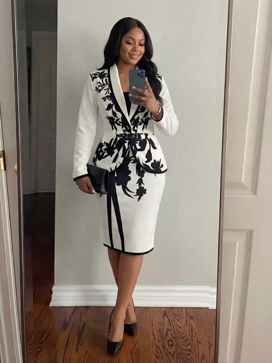 SHEIN Lady Bộ vest nữ cỡ lớn, Trang phục công sở thường ngày cho nữ, Trang phục chuyên nghiệp, Trang phục công sở, Trang phục đi chơi, Trang phục sân bay, Trang phục du lịch, Trang phục trở lại trường, Trang phục đi hòa nhạc nhạc đồng quê, Trang phục hẹn hò, Trang phục thu/đông cho nữ, Bộ đồ hai mảnh cỡ lớn. - Đen và trắng - Xem 1