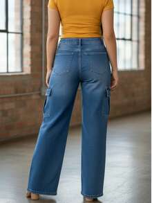 Pantalón de mezclilla para mujer estilo cargo urbano, lavado moderno, tiro alto, bolsillos múltiples, corte holgado, sin cuello, pantalón largo, primavera otoño, uso casual versátil - Azul 1 - Ver 3