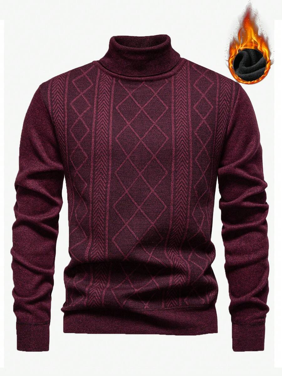 Calvornis Men's Diamond Pattern Turtleneck Long Sleeve Sweater, Autumn/Winter - Burgundy - View 1