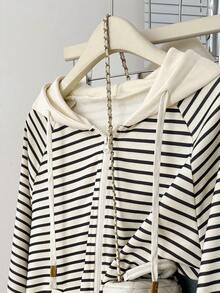 INAWLY Casual Striped Drawstring Sweatshirt, Autumn - Apricot - View 5