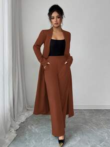 Elenzga 两件套：女士优雅翻领长袖长款外套搭配直筒裤两件套，精致优雅，适合办公室、通勤、街头风、法式浪漫、休闲、中东复古、下午茶、派对、感恩节、返校季、秋冬季等场合。 - 鏽棕色 - 查看 5