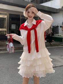 DAZY 女士翻领荷叶边下摆长袖衬衫 - 白色 - 查看 2